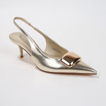 Jennifer Patent Slingback Kitten Heels with Geometric Embellishment