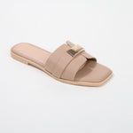 Kallen Vegan Leather Slide Sandals with Metallic Buckle Accent
