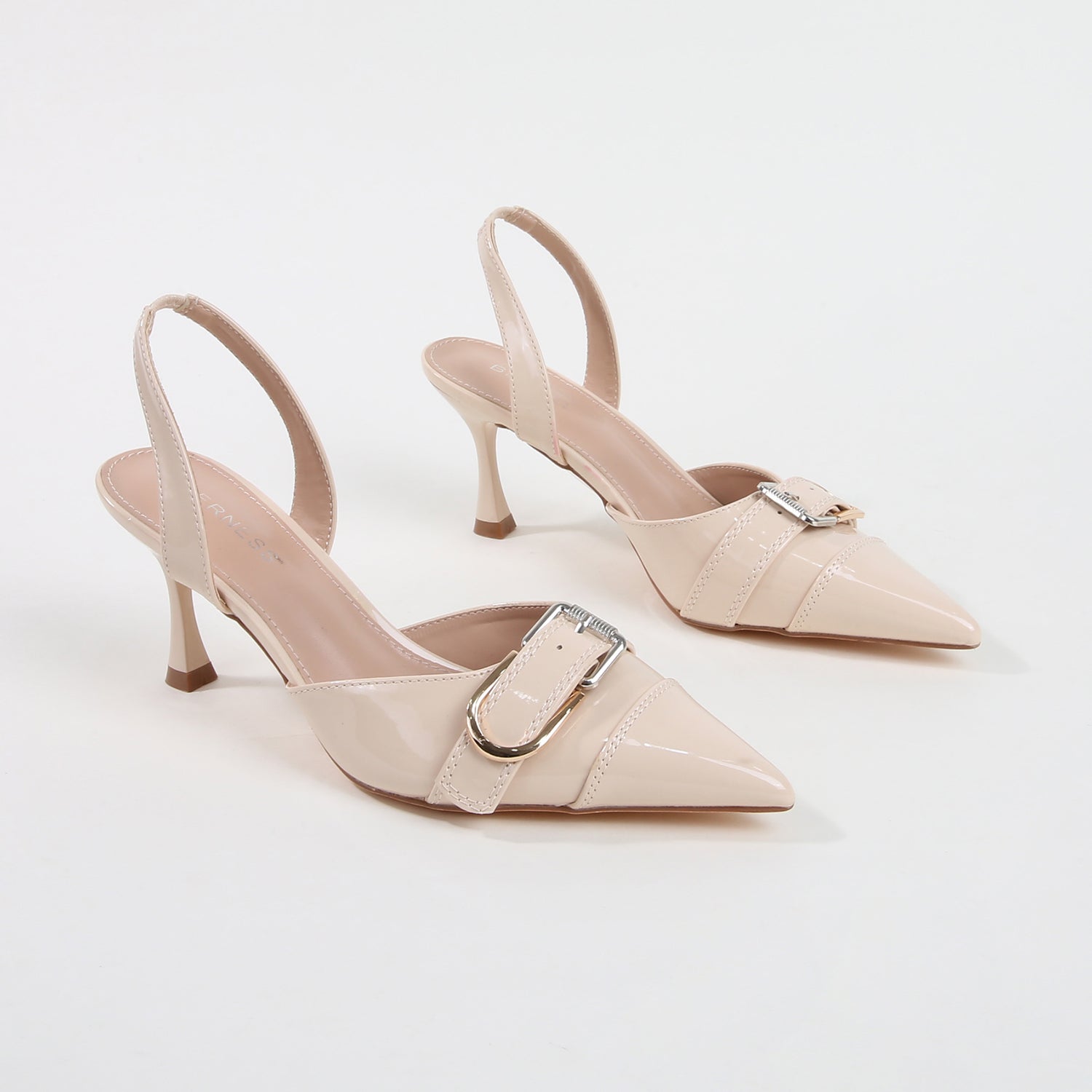 Alexa Beige Patent Buckle Slingback Heels