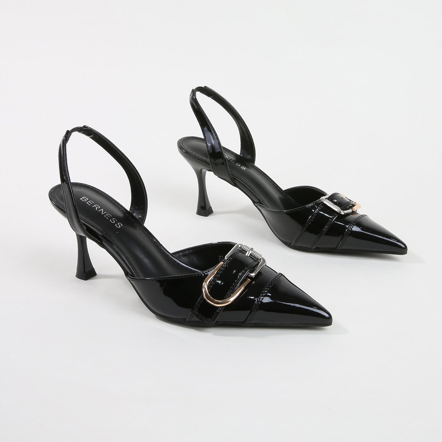 Alexa Black Patent Buckle Slingback Heels