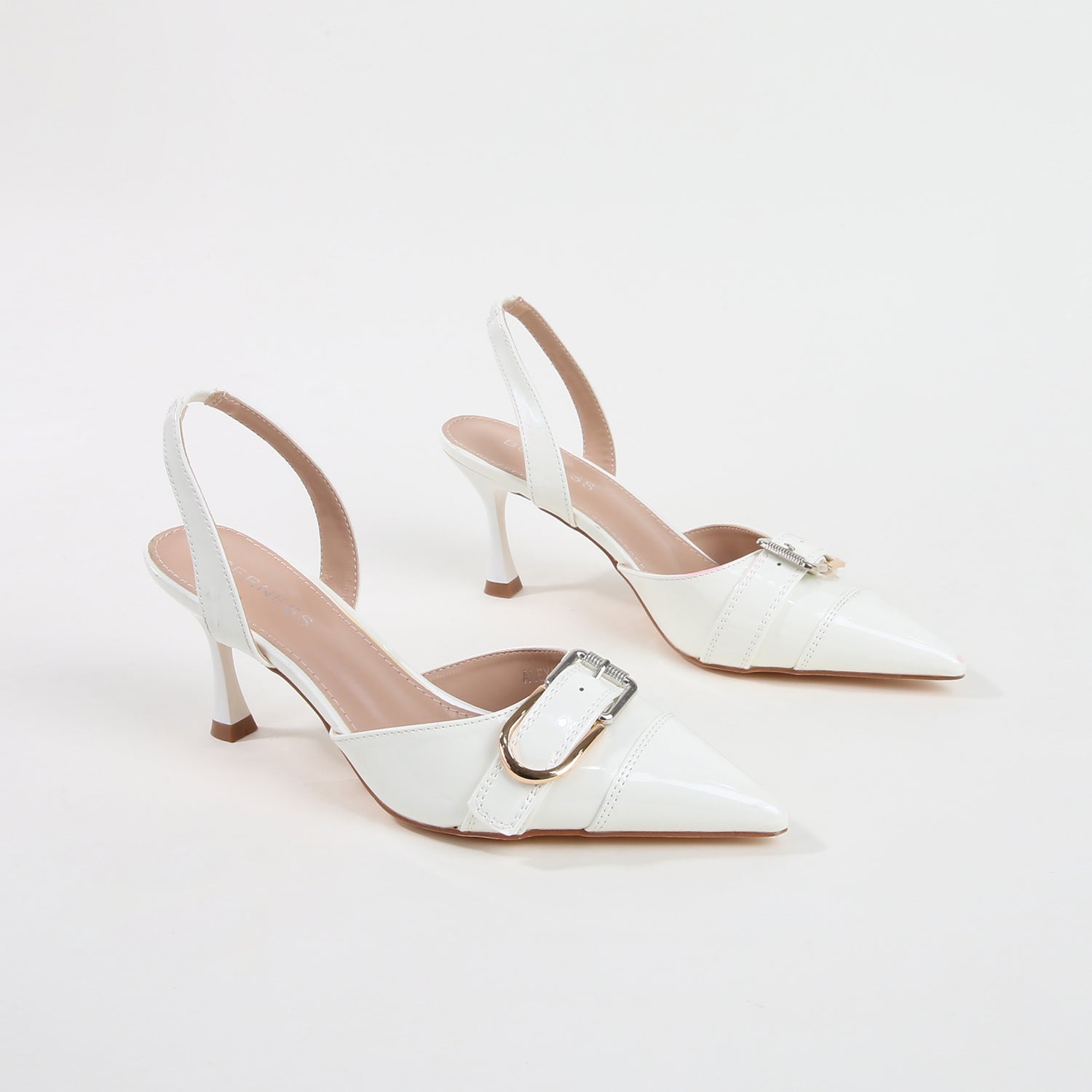 Alexa White Patent Buckle Slingback Heels