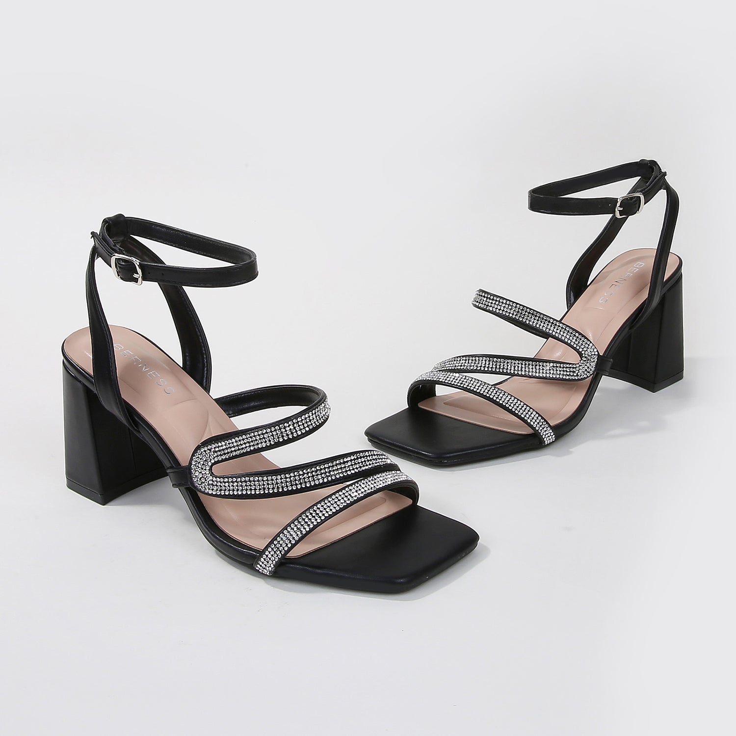 Lilia Rhinestone Ankle Strap Block Heels