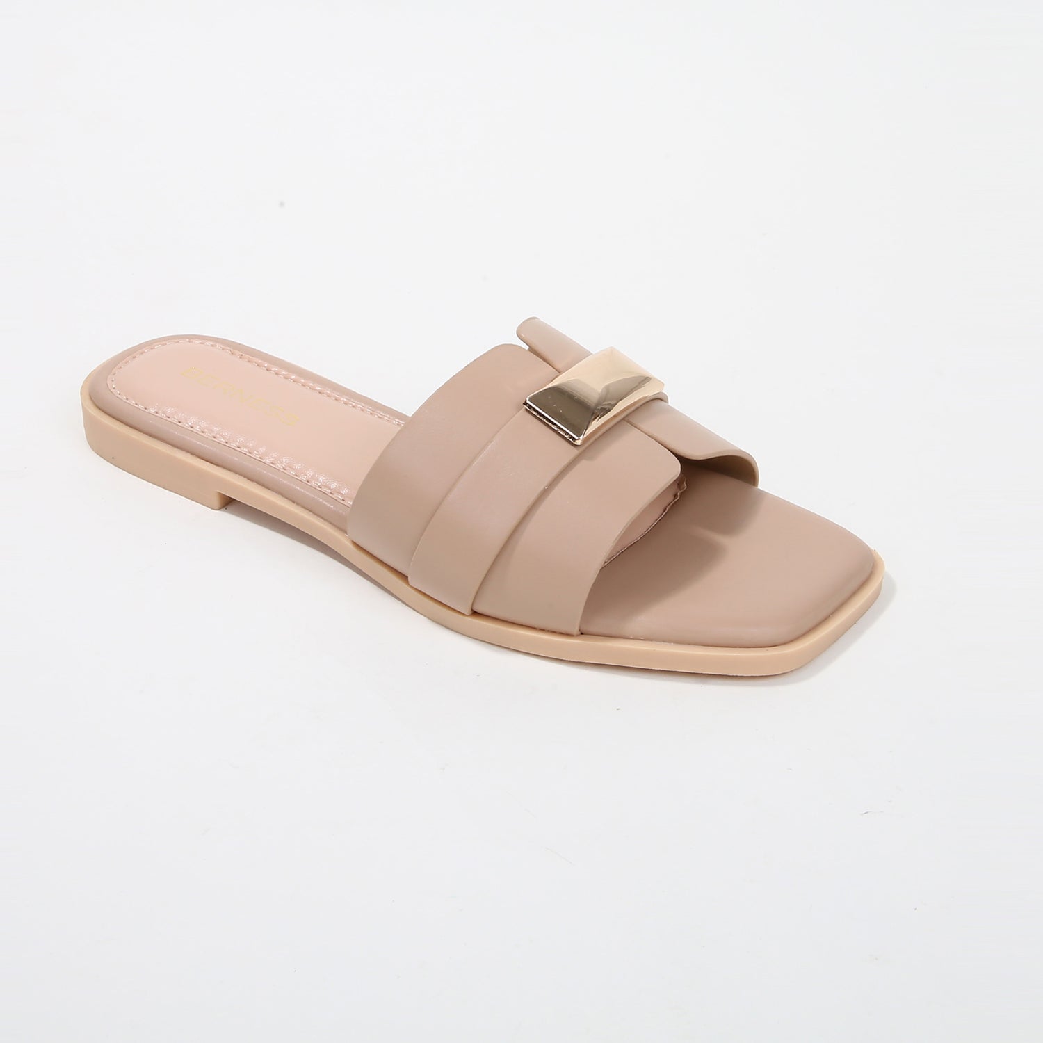 Kallen Vegan Leather Slide Sandals with Metallic Buckle Accent