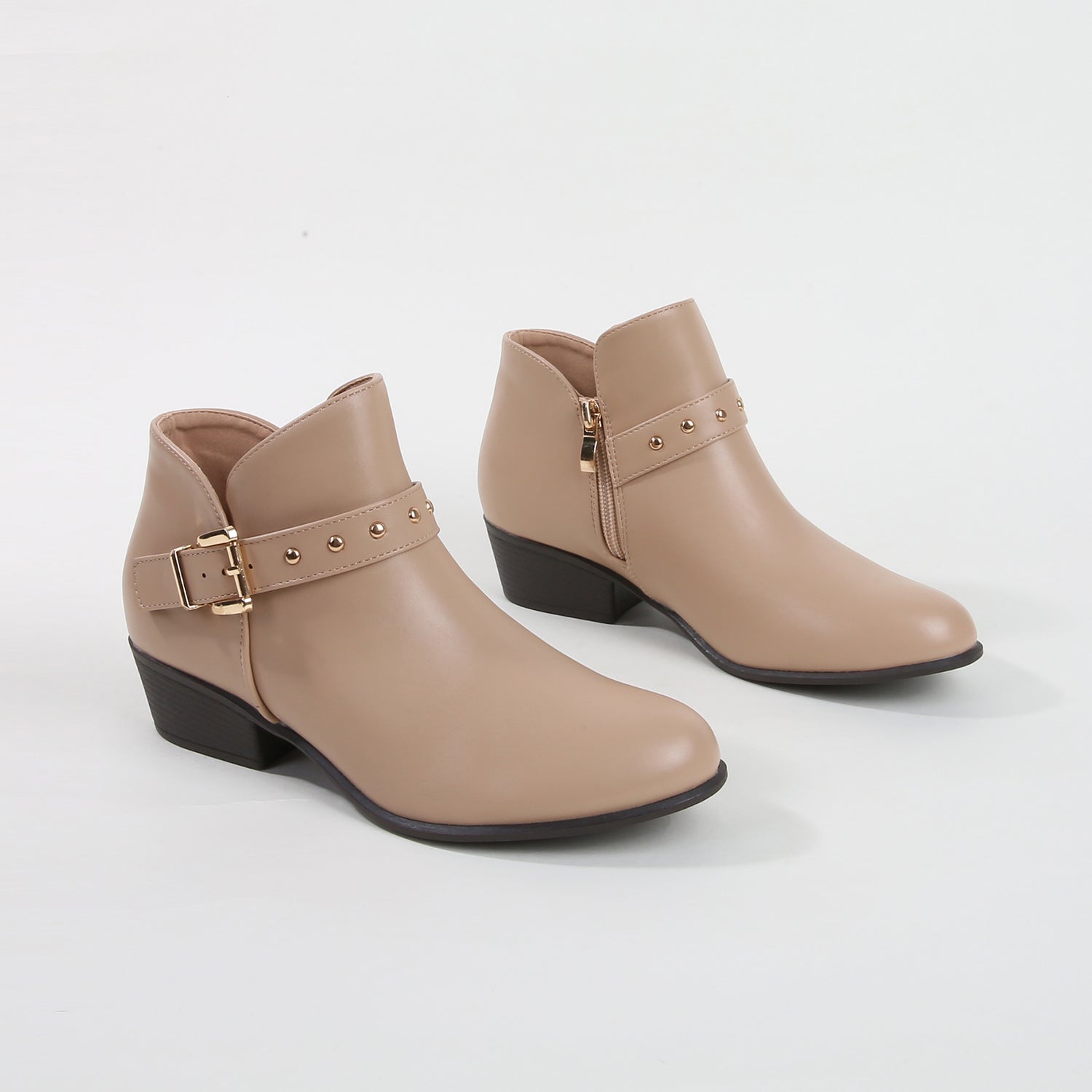 Kashvi Beige Buckle Leather Ankle Boots