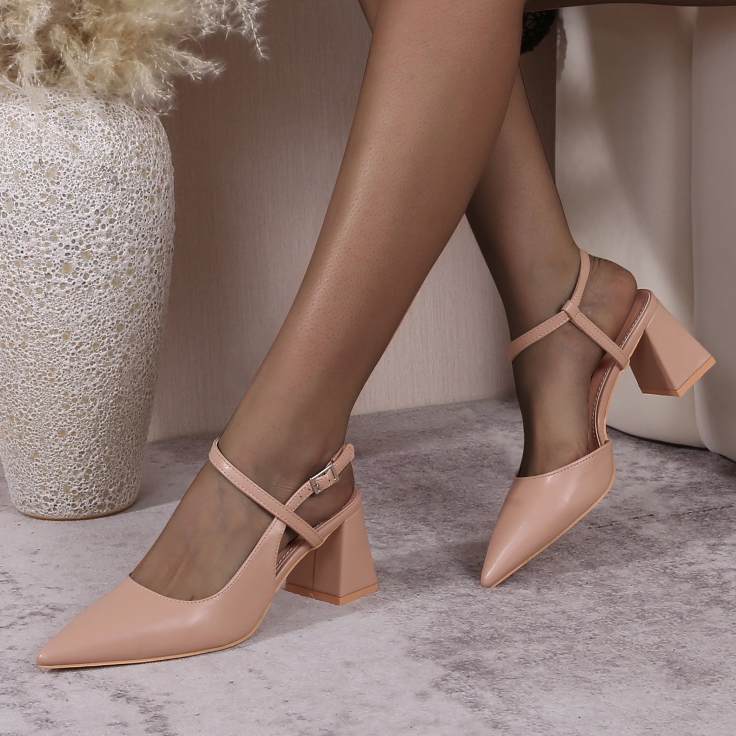 Dani Pointed Toe Ankle Strap Block Pump Heels